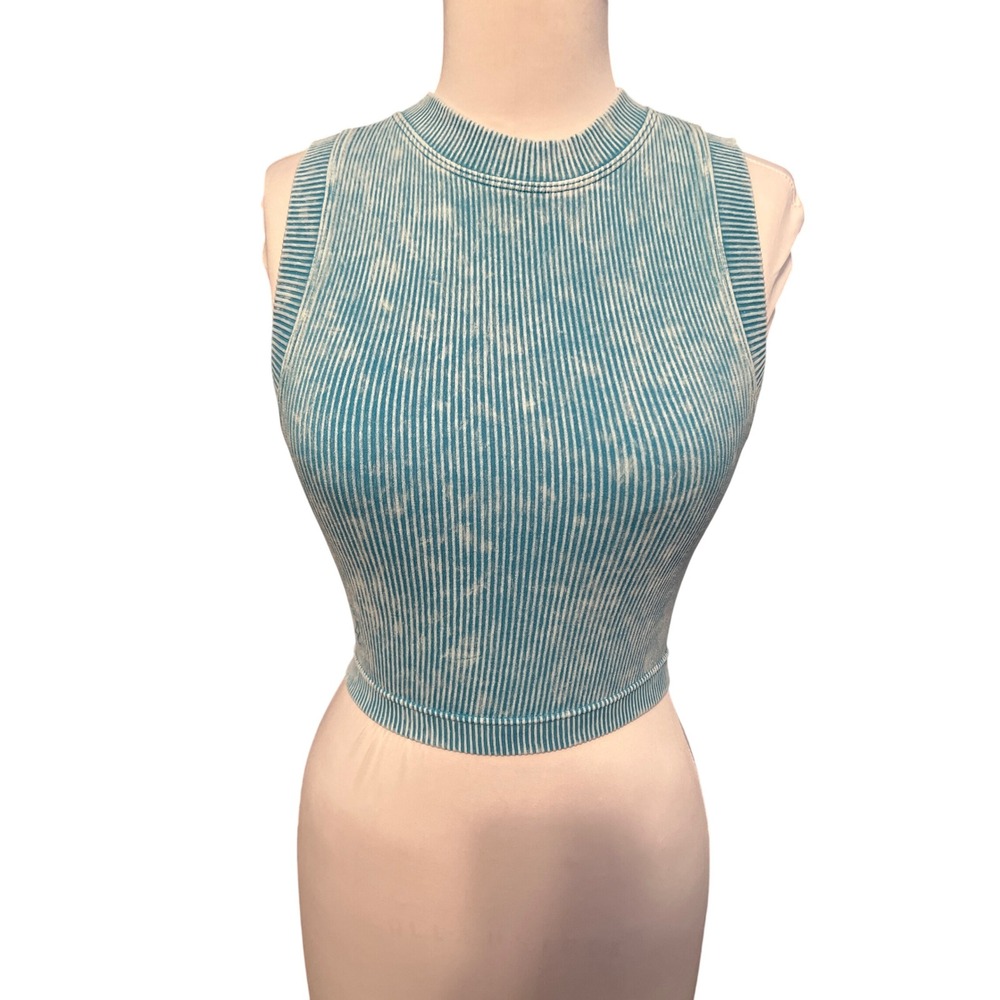 Zenana Women Ice Blue Mineral Wash Ribbed Mock Neck Crop Top NTW-6164A S/M